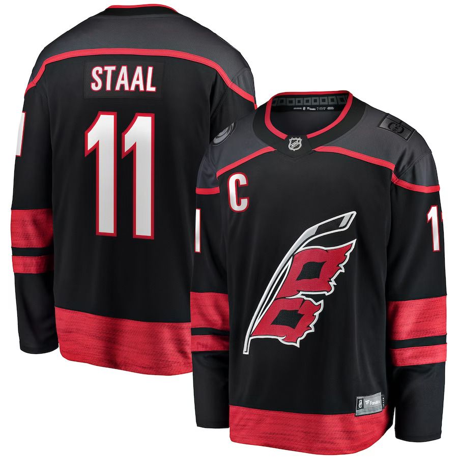 Men Carolina Hurricanes #11 Jordan Staal Fanatics Branded Black Home Captain Patch Breakaway Player NHL Jersey